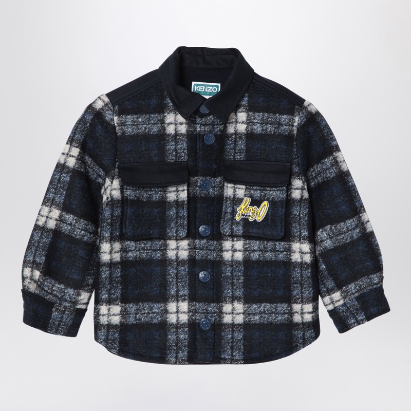 Kenzo Navy Blue Chequered Shirt In Wool Blend In Blue