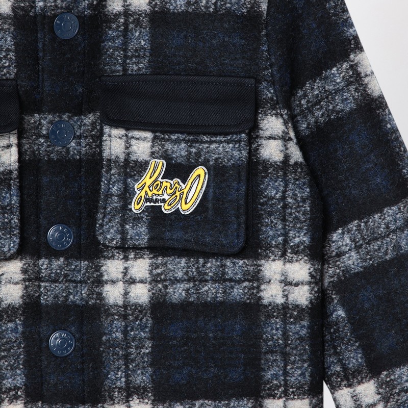 Kenzo Navy Blue Chequered Shirt In Wool Blend In Blue