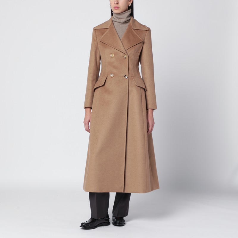 Max Mara Camel Long Double-breasted Coat In Sand