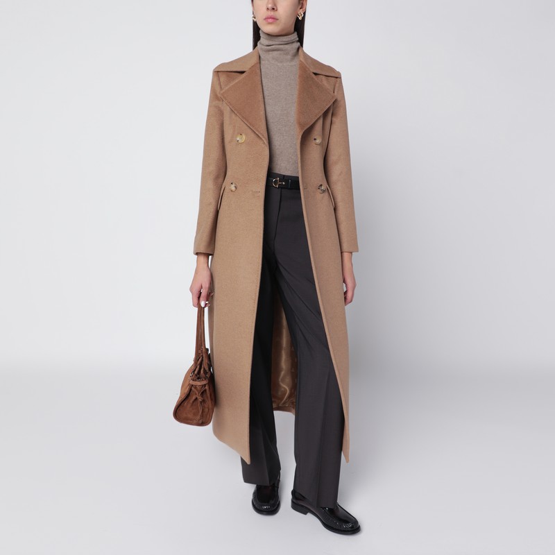 Max Mara Camel Long Double-breasted Coat In Sand
