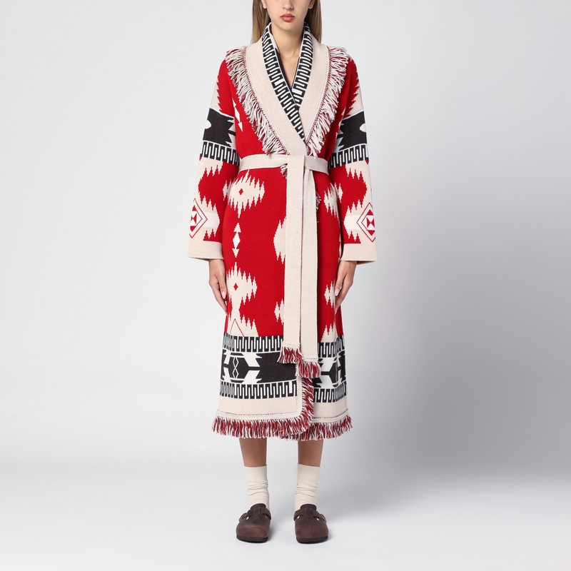 Alanui Icon Jacquard Knit Belted Longline Cardigan In Red