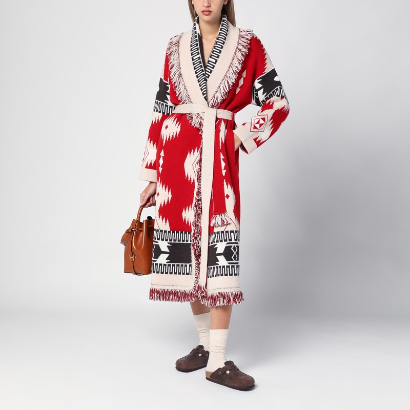Alanui Icon Jacquard Knit Belted Longline Cardigan In Red