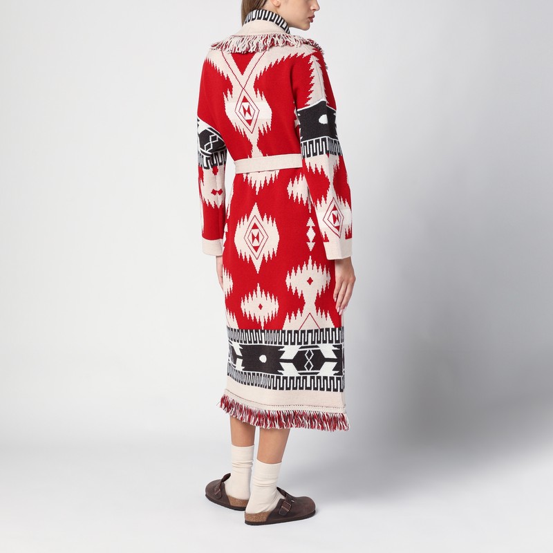 Alanui Icon Jacquard Knit Belted Longline Cardigan In Red