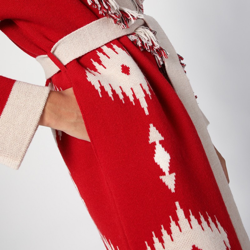Alanui Icon Jacquard Knit Belted Longline Cardigan In Red
