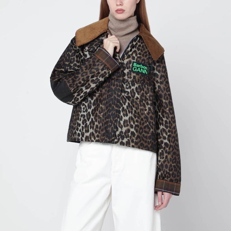 Waxed windbreaker with leopard print