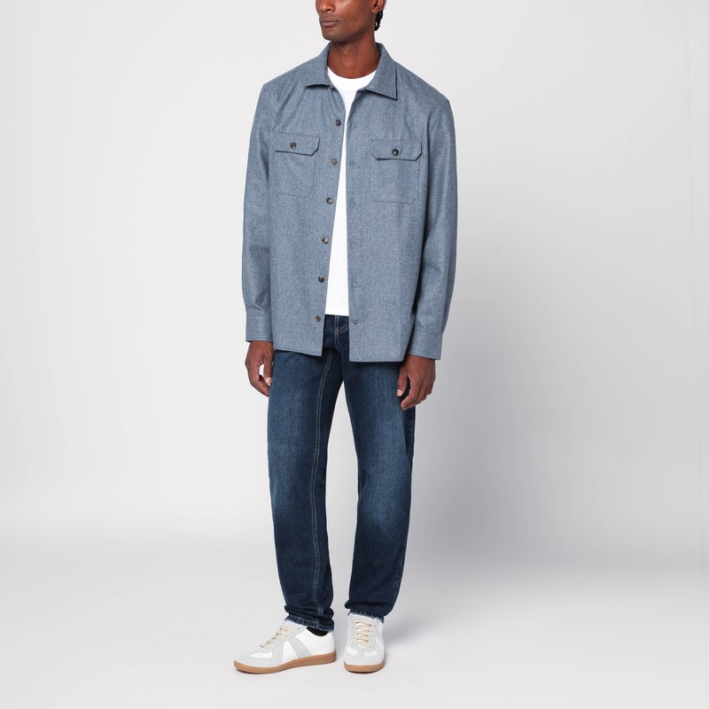 Brunello Cucinelli Shirt Cloud Wool Chest Pockets In Blue