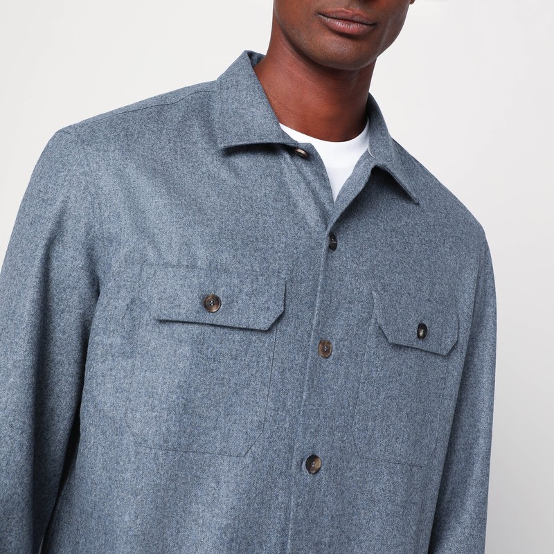 Brunello Cucinelli Shirt Cloud Wool Chest Pockets In Blue