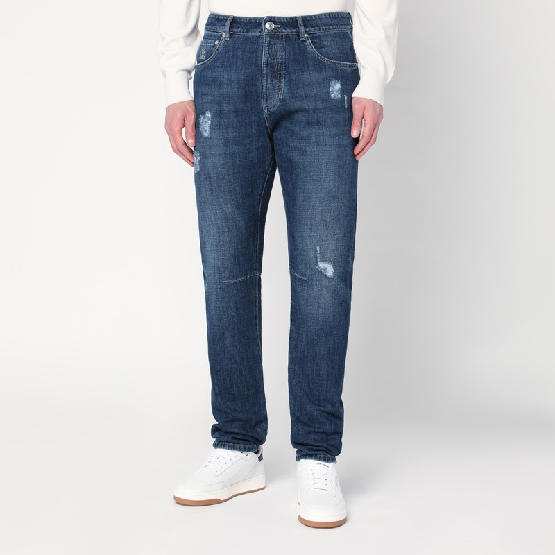 Washed blue jeans with rips - Brunello Cucinelli - Modalova