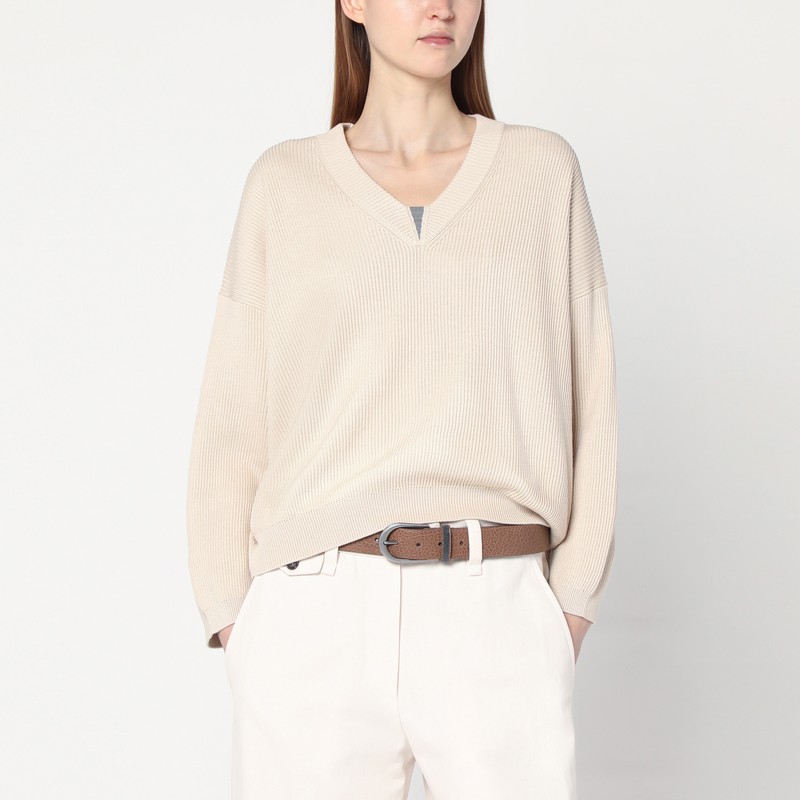 Butter-coloured cotton sweater - Brunello Cucinelli - Modalova