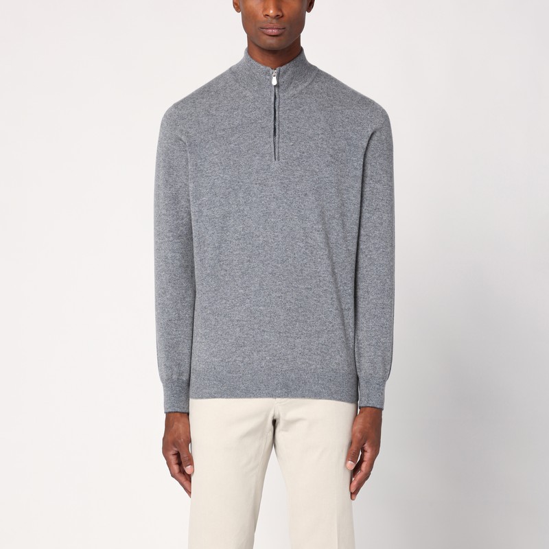 Brunello Cucinelli Men High-necked Cashmere Sweater With Zip Opening In Grey