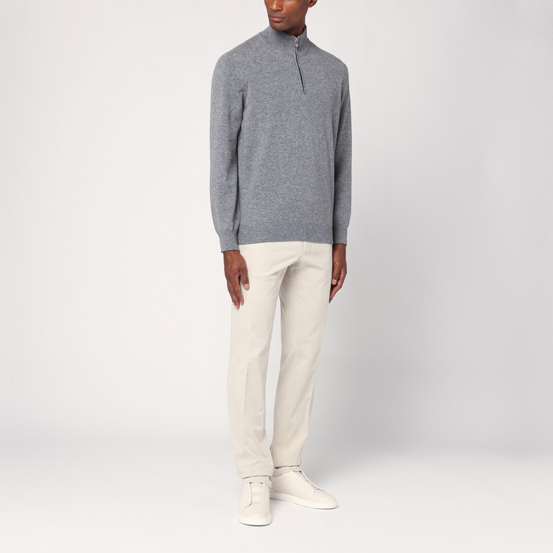 Brunello Cucinelli Men High-necked Cashmere Sweater With Zip Opening In Grey