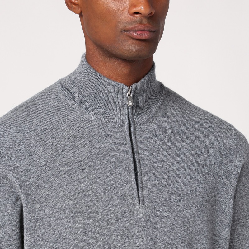 Brunello Cucinelli Men High-necked Cashmere Sweater With Zip Opening In Grey