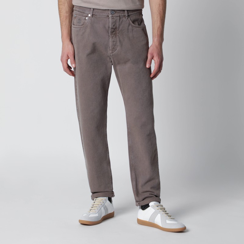 Beige vintage-effect jeans with turn-up hem