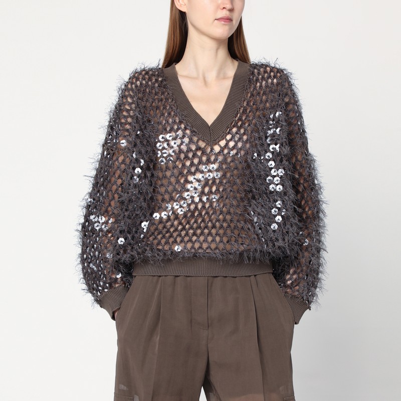 Chocolate mesh top with sequins