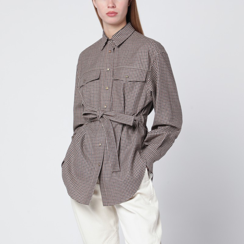 Check-pattern shirt with belt and Shiny Collar Detail