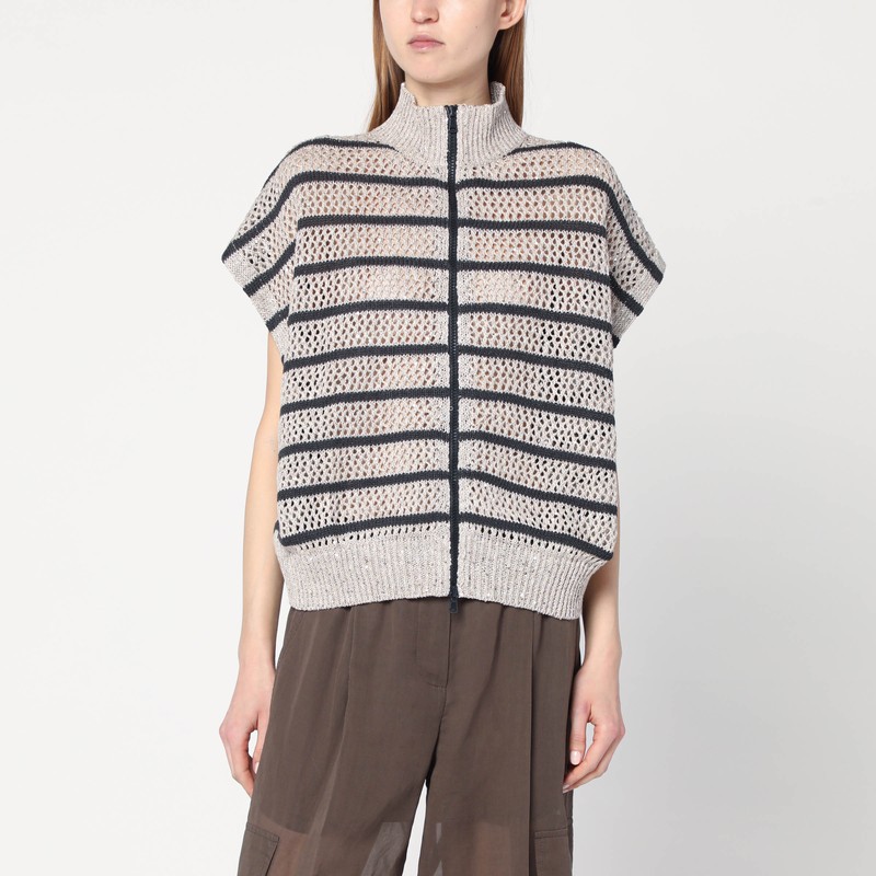 Striped mesh cardigan in linen blend