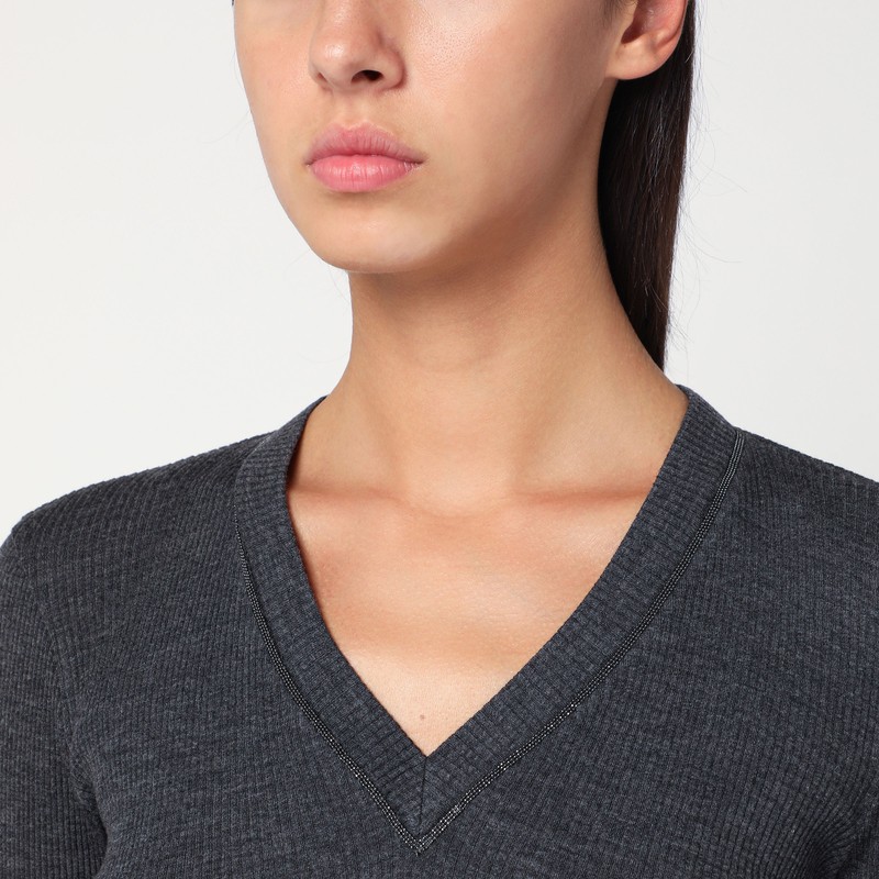 Brunello Cucinelli Dark Grey Ribbed Wool Sweater In Gray