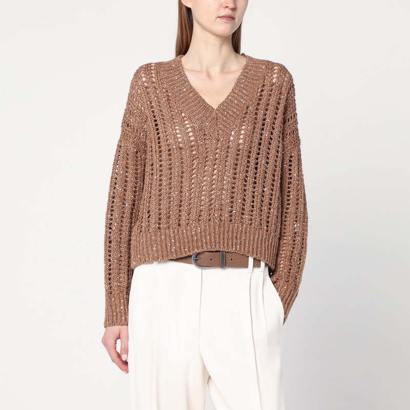 Brown sparkling mesh sweater - Brunello Cucinelli - Modalova