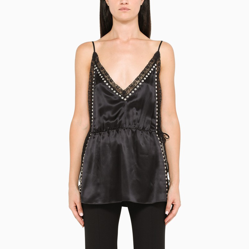 Black silk mini dress with lace and studs