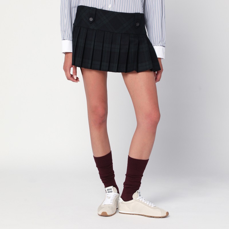 Blue/green pleated wool mini skirt