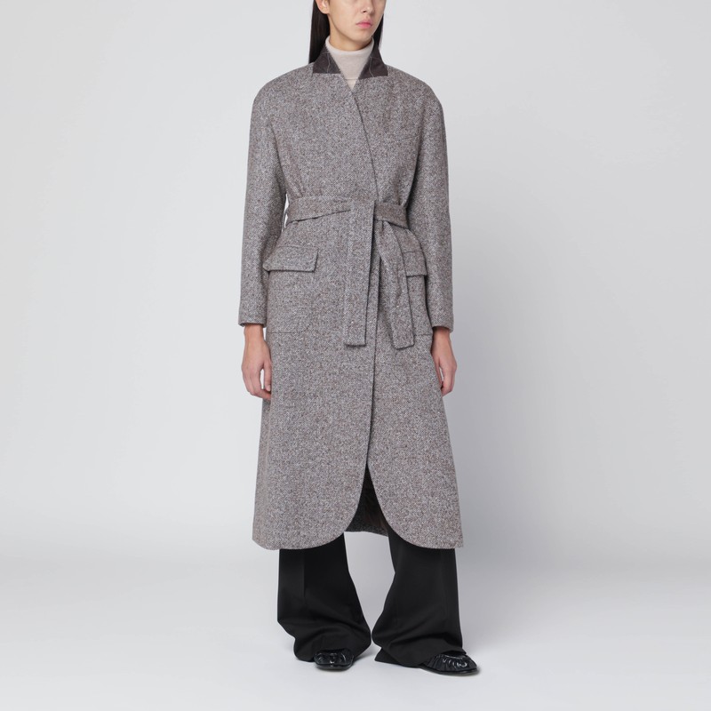 Brown mélange wool-blend coat with belt