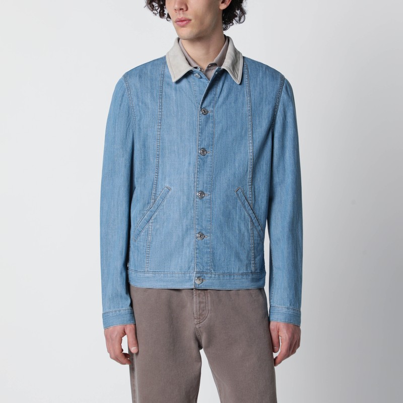 Blue denim jacket with suede collar