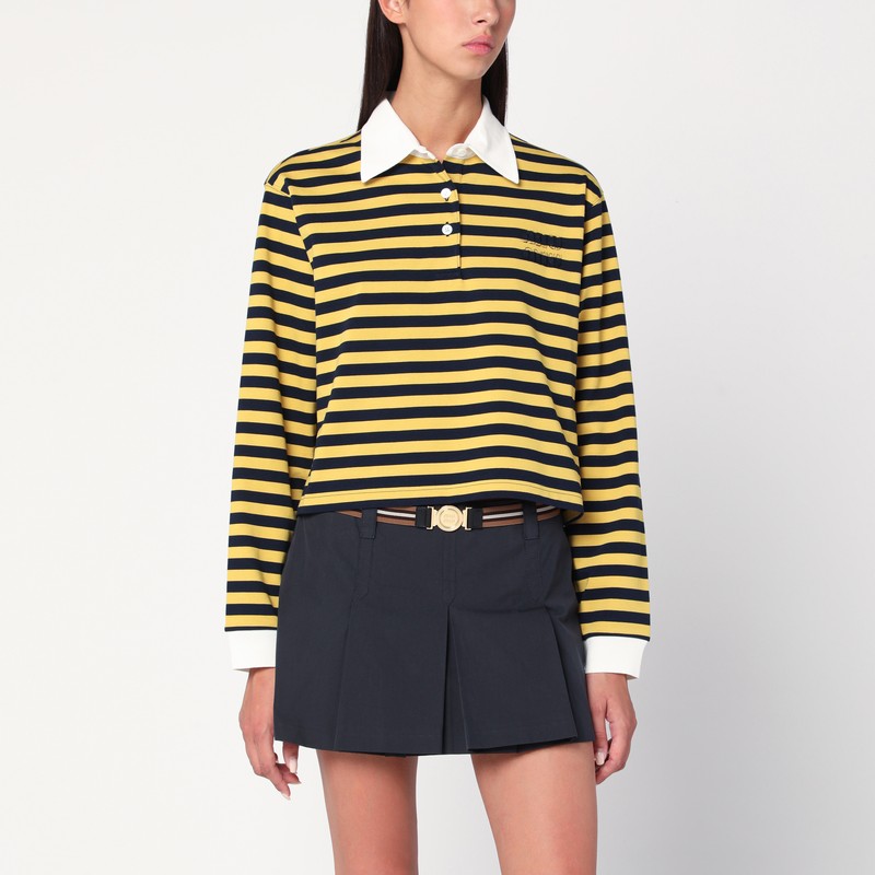 Blue/yellow striped polo with logo