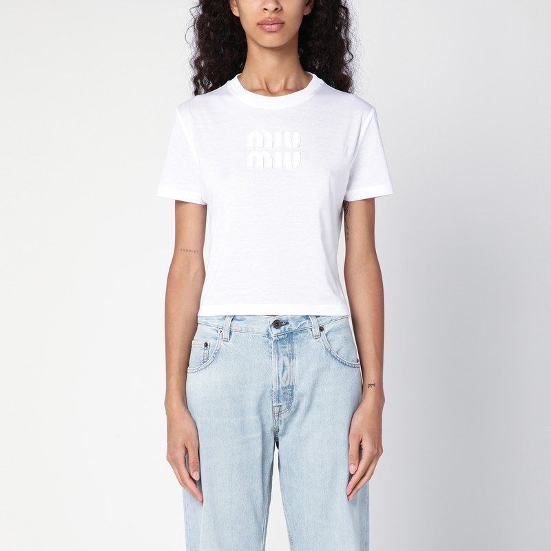 Miu Miu White Cotton T-shirt With Logo In Bianco | ModeSens