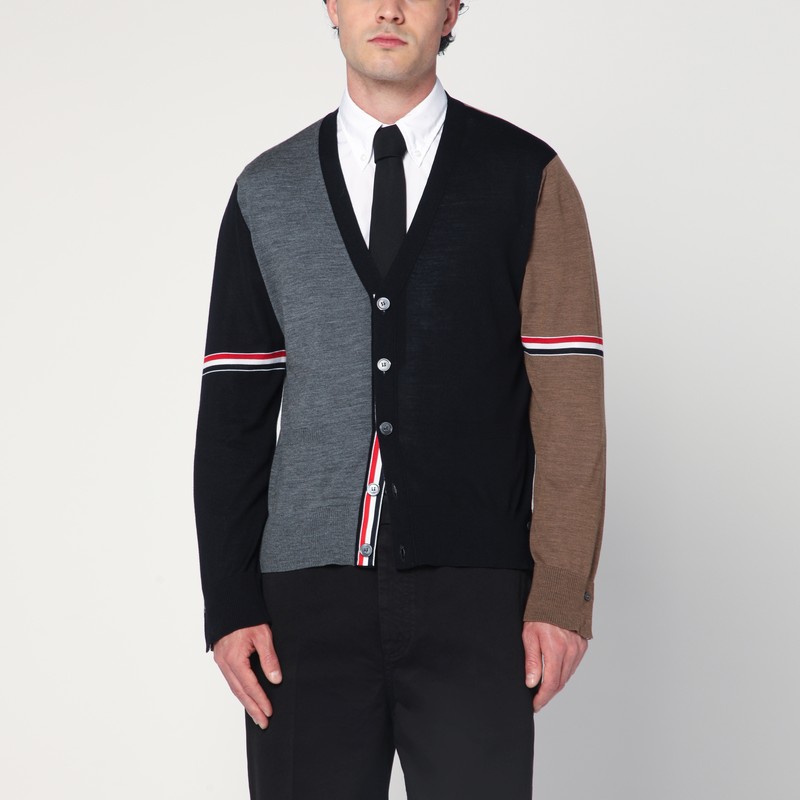 Thom Browne Navy/grey/brown Wool Cardigan In Black