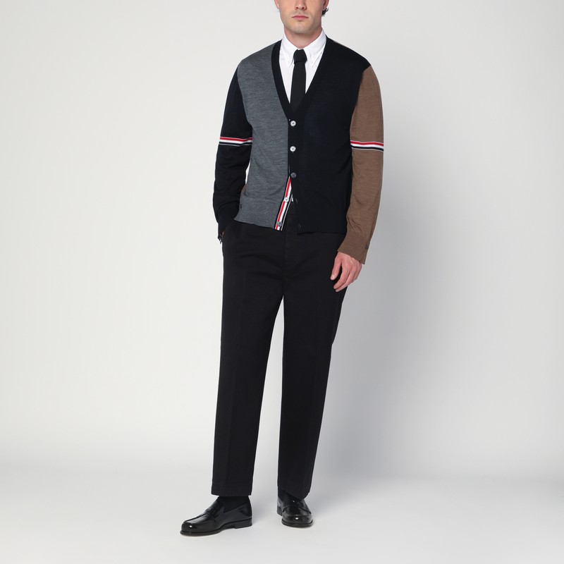Thom Browne Navy/grey/brown Wool Cardigan In Black