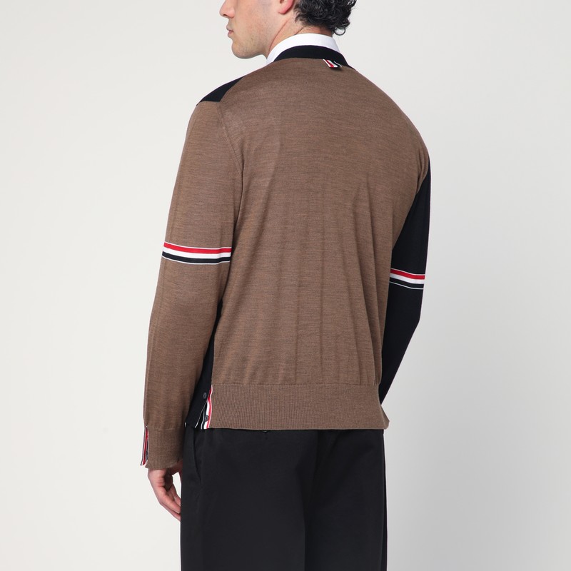 Thom Browne Navy/grey/brown Wool Cardigan In Black