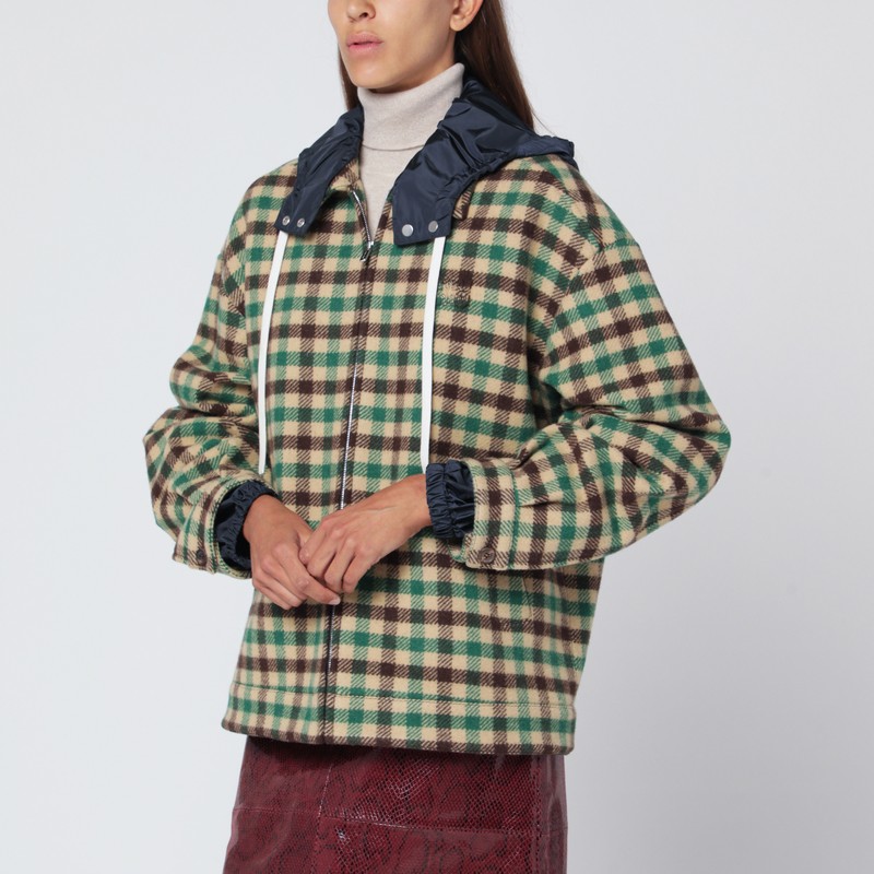 Check wool jacket with nylon hood