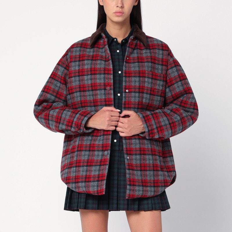 Shirt-style down jacket with slate grey/red check pattern