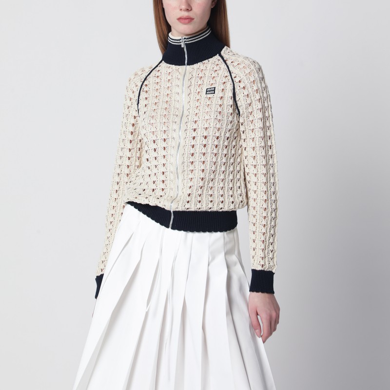 Beige openwork zip-up cardigan