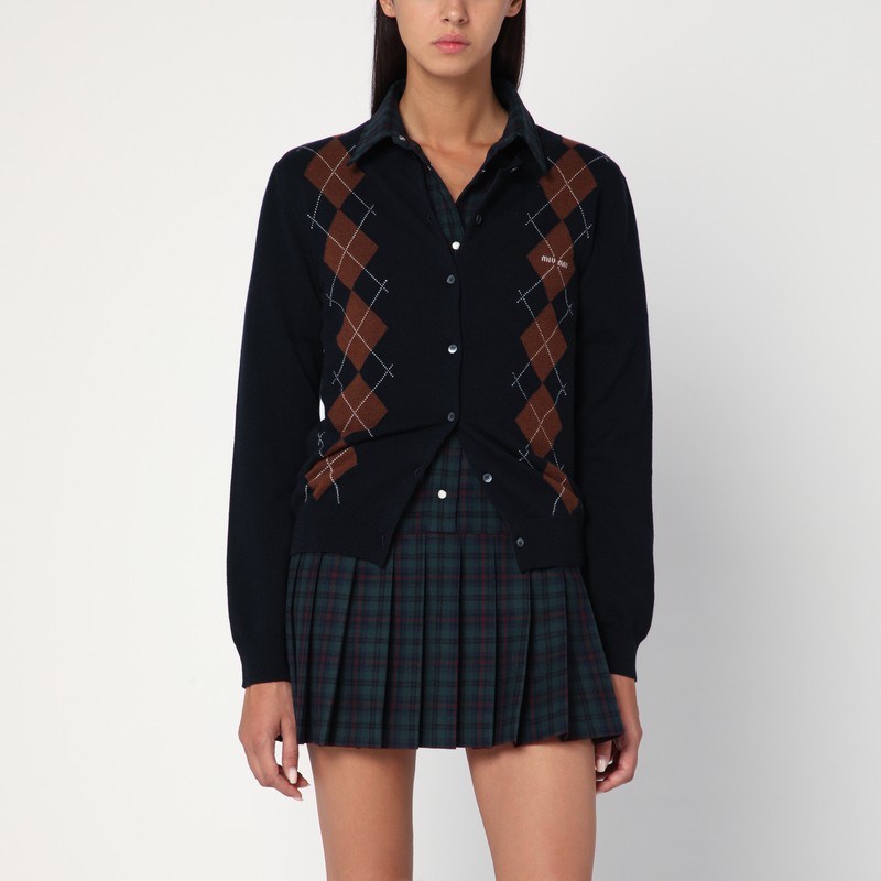 Cardigan in cashmere blu a rombi - Miu Miu - Modalova