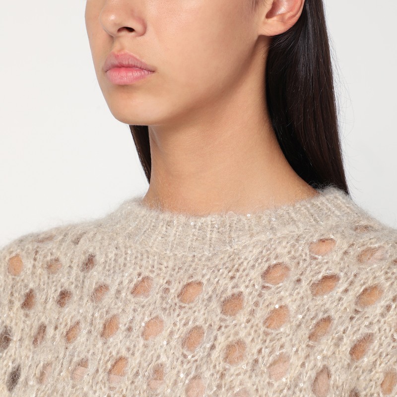 Brunello Cucinelli Beige Openwork Mohair-blend Sweater In Gray