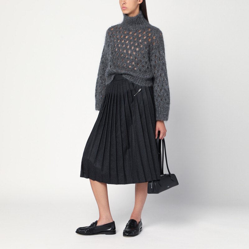 Brunello Cucinelli Grey Openwork Turtleneck Sweater In Gray