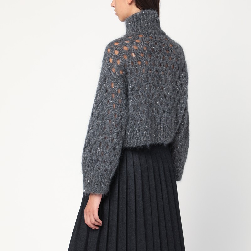 Brunello Cucinelli Grey Openwork Turtleneck Sweater In Gray