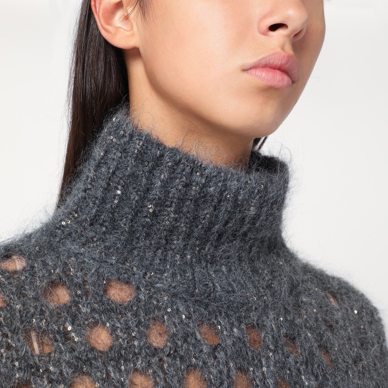 Brunello Cucinelli Grey Openwork Turtleneck Sweater In Gray