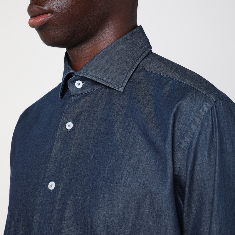 Xacus Indigo Blue Denim Cotton Shirt In Blue