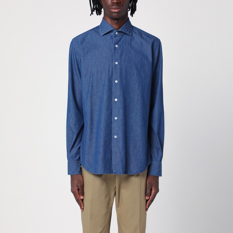 Xacus Indigo Blue Denim Cotton Shirt In Blue