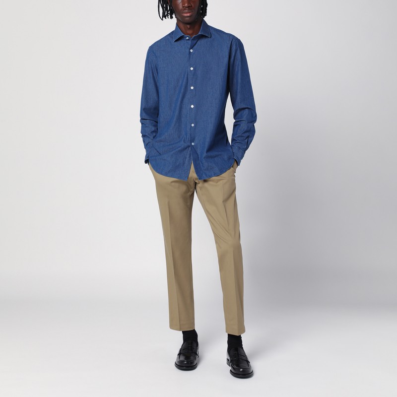 Xacus Indigo Blue Denim Cotton Shirt In Blue