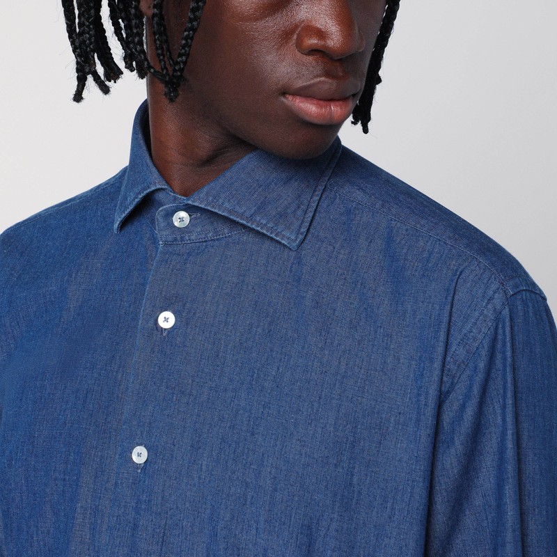 Xacus Indigo Blue Denim Cotton Shirt In Blue