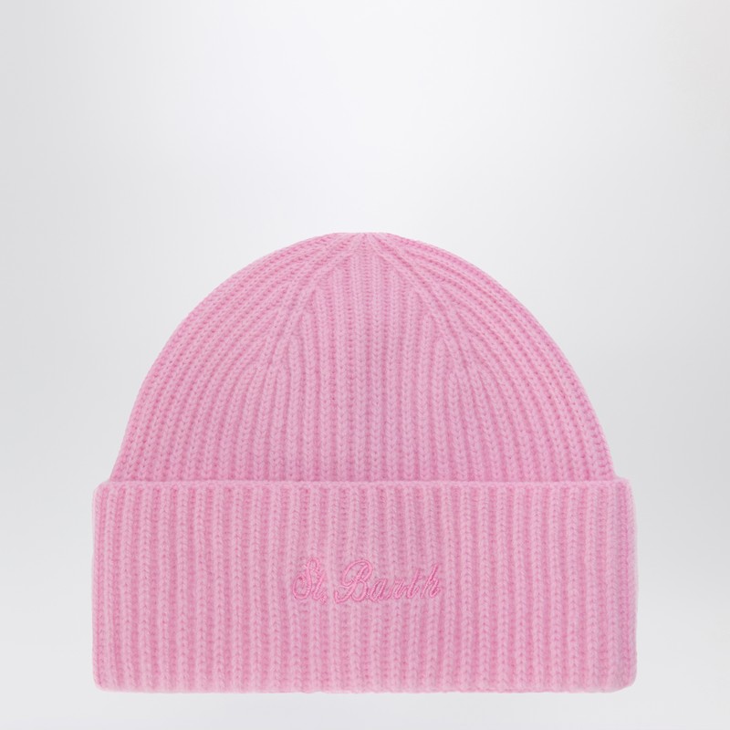 Pink wool beanie with embroidered logo