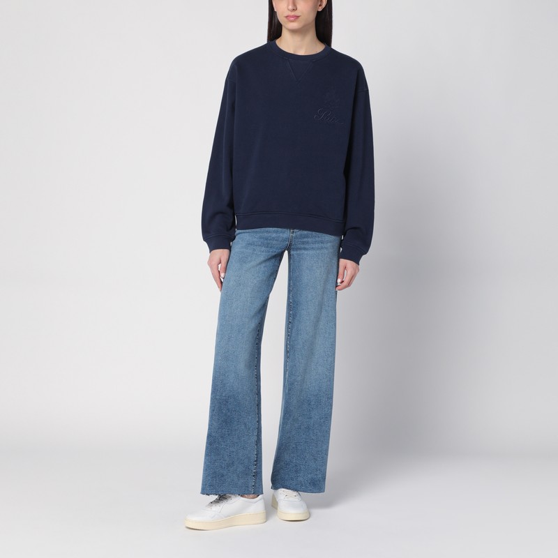 Frame 'privacy Please' Blue Crewneck T-shirt With Tonal Logo Embroidery On The Front In Blue