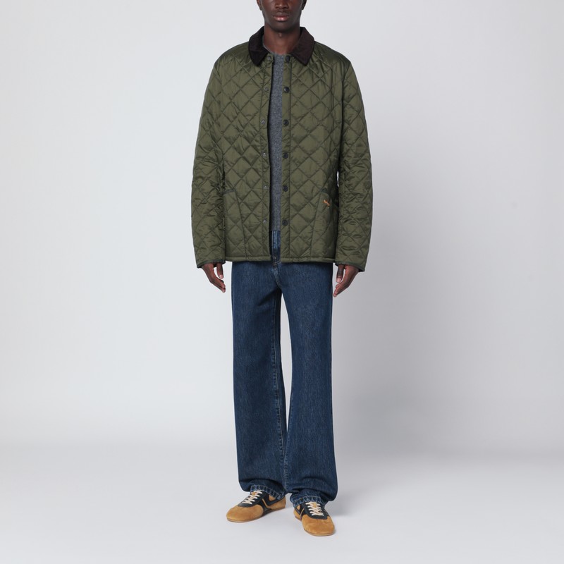 Barbour Heritage Liddesdale Green Jacket With Classic Corduroy Collar And Logo Lettering On The Front In Tec
