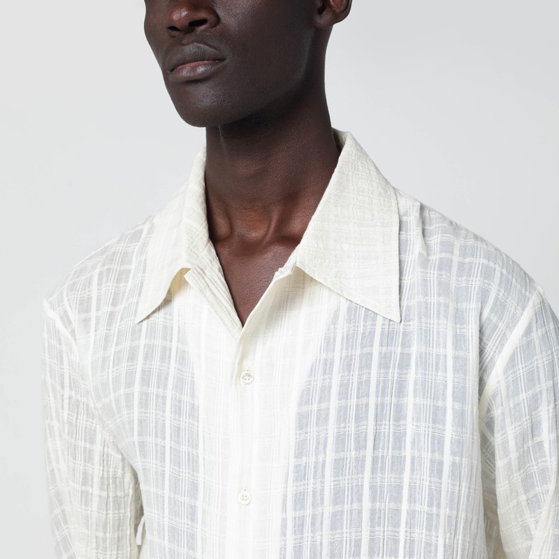 Séfr Ignacio Cotton Linen Checked Long Sleeve Shirt In White