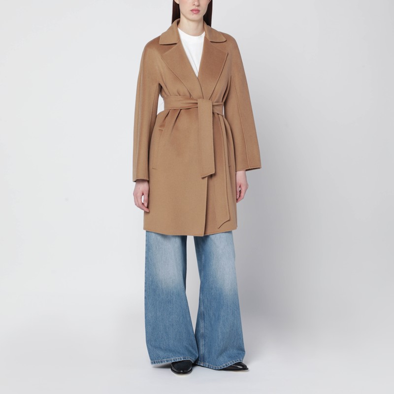 Camel wrap coat in cashmere and wool