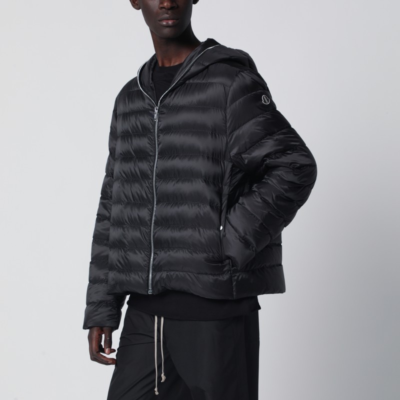 Black quilted zip-up down jacket
