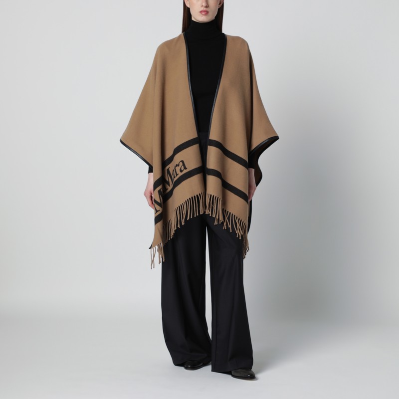 Camel jacquard wool poncho